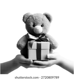 Oso de peluche lindo que sostiene la caja de regalo en manos humanas sobre fondo blanco. Concepto de presente, sorpresa, infancia, cuidado, caridad, amor, celebración y fiesta. Ilustración de semitono.
