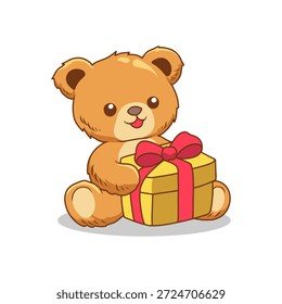 Lindo oso de peluche que sostiene la caja de regalo Ilustración vectorial de dibujos animados