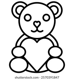 A cute teddy bear holding a hear simple line art icon illustration. Perfect for Valentine's Day, love, and childhood themes.