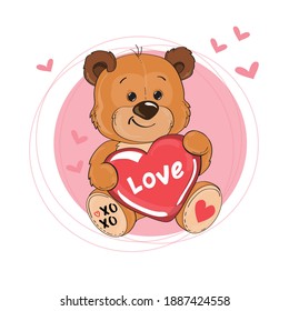 Cute teddy bear holding a heart with the inscription love isolated. Valentine's Day card. Vector cartoon illustration