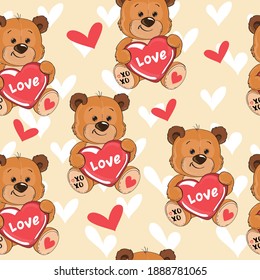 Cute teddy bear holding a heart with the inscription love. Valentine's concept. Vector cartoon illustration of funny animals seamless pattern