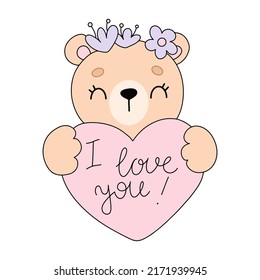 Cute teddy bear holding a heart with the text I love you