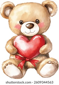 Cute Teddy Bear Holding Heart - Watercolor  vector illustration