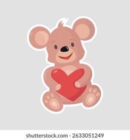 Cute Teddy Bear Holding Heart Vector Sticker. Adorable teddy bear hugging a red heart in flat vector style. Perfect for Valentine's, kids, love themes, and cute decoration designs