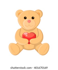 Cute teddy bear holding a heart, soft toy, vector illustration and art
