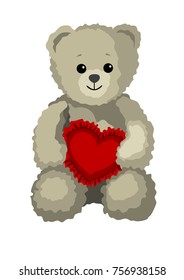 Cute teddy bear is holding a heart as a gift for St. Valentine's Day