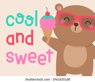 Cute teddy bear holding ice cream cone illustration. Summer holiday concept design.