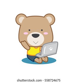 Cute teddy bear holding laptop computer vector stock