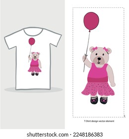 Cute teddy bear holding pink balloon illustration. Tshirt design element