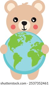 Cute teddy bear holding the planet world
