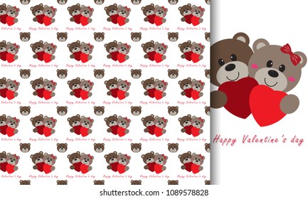 Cute Teddy bear holding red heart and pattern teddy bears vector illustration eps10.