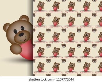Cute Teddy bear holding red heart and pattern teddy bears vector illustration eps10.