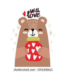 Cute teddy bear holding red jar with hearts. Text - with love. Vector valentine illustration.