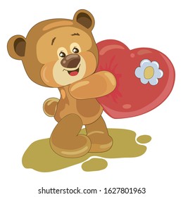 Cute Teddy Bear Holding Red Heart. Valentines Day Banner. Vextor Illustration