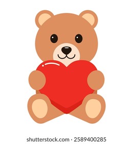 Cute teddy bear holding red heart.Happy brown baby bear cartoon element for valentines, birthday or any celebration.Vector graphic illustration.  