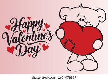 A cute teddy bear holding a red heart with a Valentines Day greeting.