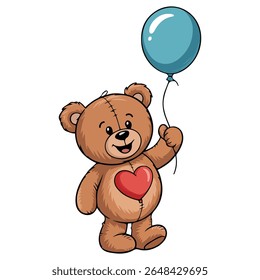 Cute teddy bear holding red heart shaped balloon isolated vector illustration on white background