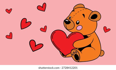 Ursinho de pelúcia bonito segurando ilustração de coração vermelho sobre fundo rosa expressando amor romance afeição e dia dos namorados saudação design, vetor arte do dia dos namorados