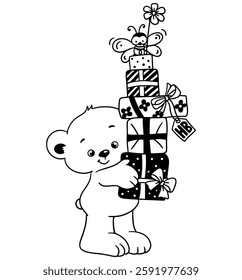 Cute teddy bear holding a stack of gift boxes with ribbons and a butterfly on top. Black and white vector illustration, ideal for coloring books, greeting cards, kids' designs, and birthday themes.