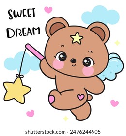 Netter Teddybär, der süße Märchen mit einem gelben Stern hält. Serie: Gute Nacht Kuss Gutenachtgeschichte Kawaii Tiere schlafen lustig (Charakter Cartoon). Für Baby-T-Shirt, Feier, Grußkarte