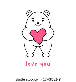 A cute teddy bear holds a heart in its paws. Valentine s day card. Vector illustration.