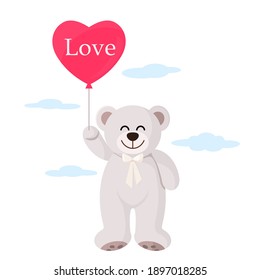 a cute teddy bear holds an inflatable gel balloon in the form of a heart. concept of congratulations for happy birthday, mother's day, valentine's day. vector illustration