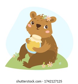 cute teddy bear holds a keg of honey, cartoon print animal illustration. good bear