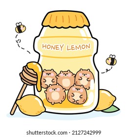 Cute teddy bear in honey lemon flavor bottle with bee cartoon.Animal character design.Beverage.Fruit.Drink.Kawaii.Vector.Illustration.
