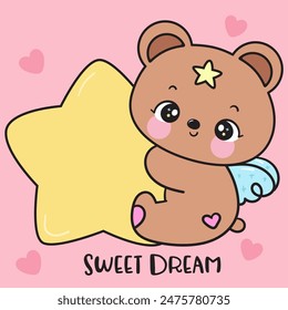 Lindo oso de peluche abrazo gran estrella dulce sueño cuentos de hadas. Serie: Beso de buenas noches cuento de la hora de dormir Kawaii animales durmiendo divertido (Caricatura del personaje). Para la camiseta del bebé, fiesta de celebración, tarjeta de felicitación.