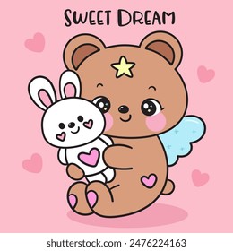 Lindo oso de peluche abrazo conejito muñeca de conejo dulce sueño cuentos de hadas. Serie: Beso de buenas noches cuento de la hora de dormir Kawaii animales durmiendo divertido (Caricatura del personaje). Para la camiseta del bebé, fiesta de celebración, saludo.