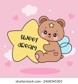 Cute teddy bear hug giant star sweet dream fairy tales. Series: Good night kiss bedtime story Kawaii animals sleeping funny (Character cartoon). For baby t shirt, celebration party, greeting card.