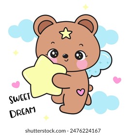 Lindo oso de peluche abrazo estrella amarilla dulce sueño cuentos de hadas. Serie: Beso de buenas noches cuento de la hora de dormir Kawaii animales durmiendo divertido (Caricatura del personaje). Para la camiseta del bebé, fiesta de celebración, tarjeta de felicitación.