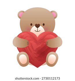 Cute teddy bear hugging a heart. Vector illustration. Valentine's Day