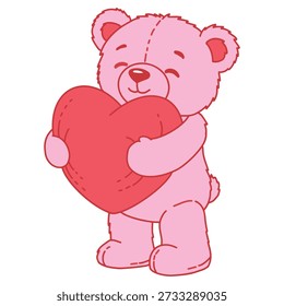 Cute Teddy Bear Hugging Heart Shaped pillow, Valentine Day, Vector. Minimalist  illustration of cute plush teddy bear hugging large heart shaped pillow. Valentines Day design element for cards, banners and romantic gift graphics.