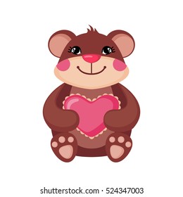 Cute Teddy bear hugging a pink heart. Love concept. Happy bear icon in flat style isolated on white background. Design element for Wedding or Valentine's Day. Vector illustration