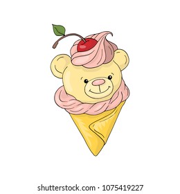 Cute teddy bear ice cream cone cartoon boy and girl white background illustration.