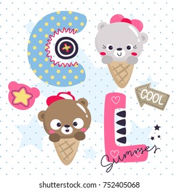 Cute teddy bear ice cream cone cartoon boy and girl on polka dot background illustration vector.