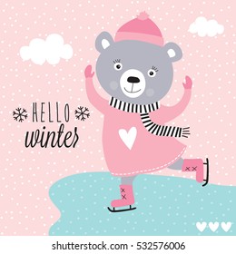 cute teddy bear ice skating vector illustration