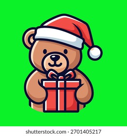 Cute Teddy Bear Icon Holding a Christmas Gift Box. Holiday Toy, Festive Present, and Xmas Mascot.
