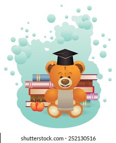 Cute teddy bear illustration with books, back to school background.