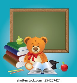 Cute teddy bear illustration with books, back to school background.