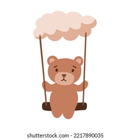 Ilustración de osito de peluche en diseño plano marrón con nube suave en el cielo