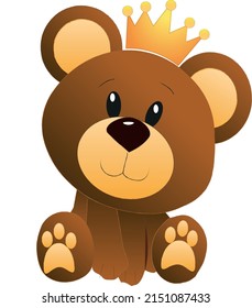 Cute Teddy bear illustration. Happy brown bear with Golden crown. 
