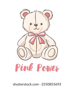 Ilustración linda del oso de peluche con un arco rosado y el texto rosado del poder en un fondo blanco