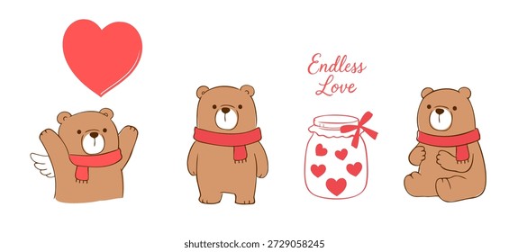 Nettes Teddybär-Illustrationssatz mit Schal, Herzelementen und Liebeskrügen-Schriftzug, entworfen für Valentinstag-Themen, romantische Grußkarten, Kindergrafiken und süße dekorative Projekte.