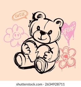 Cute teddy bear illustration in sketch style on beige background with heart, flowers. Romantic post card. Cute cartoon print of toy bear. graffiti teddy bear illustration in street art style