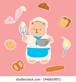 a cute teddy bear illustration that makes bread