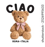 Cute teddy bear illustration.Ribbon and teddy bear vector graphic.Cartoon bear doll in oversize fashion style .Cute bear graphic design for textile industry and t shirt graphics. "i love Italy" design