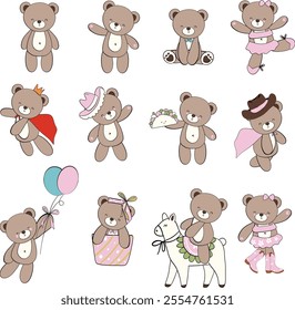 Cute Teddy Bear Illustrations with Balloons, Costumes, and Playful Poses for Creative and Whimsical Designs