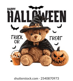 Cute teddy bear illustration.Trick or Treat.Halloween poster. Design for greeting card, party invitation, banner, postcard. Vector illustration.Halloween themed cute teddy bear vector graphics.